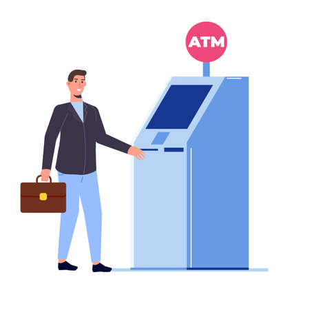 Man standing near atm machine.Vector flat style illustration.のイラスト素材