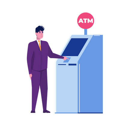 Man standing near atm machine.Vector flat style illustration.のイラスト素材