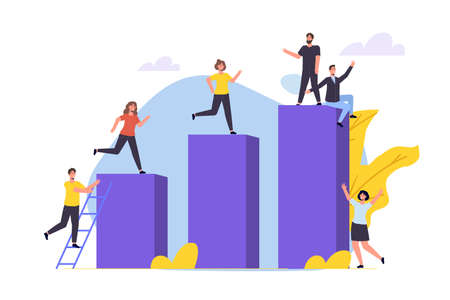 Career growth, Business goal achievement concept. Character climbing on ascending chart. Vector illustration flat styleのイラスト素材