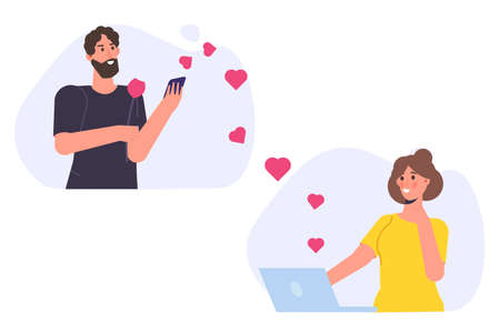 Chat lovers. People chatting using mobile application. Social network, Online Dating concept. Vector illustration.のイラスト素材