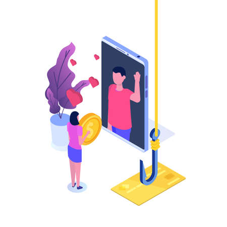 Dating scam, Online dating fraud concept. Vector isometric illustration.のイラスト素材