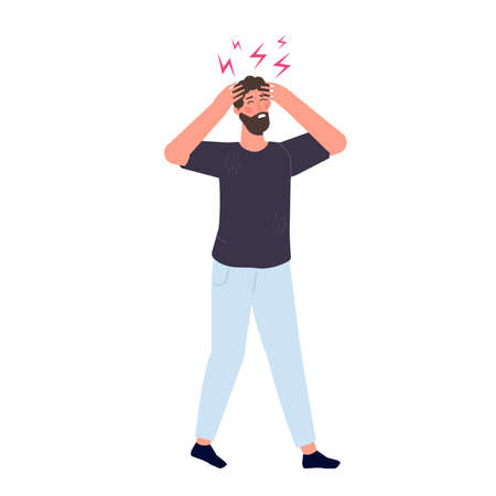 Headache attack, compassion fatigue. Head pain vector illustration.のイラスト素材