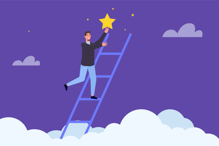 Businessman standing on stairs and reaches the star. Vector illustration.