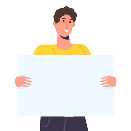 Smiling man holding empty banner. Vector isolated illustrationのイラスト素材