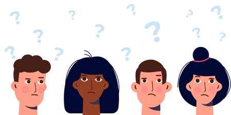 Group of thoughtful people. Men and women solving problem. vector illustration.のイラスト素材