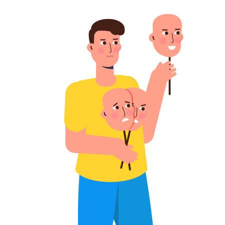 Fake emotion, play a role concept. Character holds masks with different emotions. Vector illustration, flat styleのイラスト素材