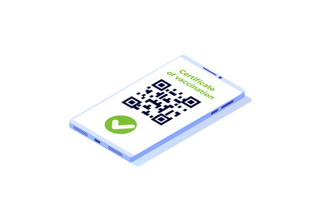 New normal, Vaccine mobile certificate or passport, QR code on application. vector illustration.のイラスト素材