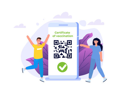 New normal, Vaccine mobile certificate or passport, QR code on application. vector illustration.のイラスト素材