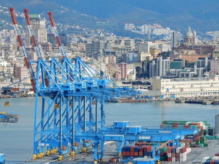 harbor cranes in Genoa, Liguria, Italyのeditorial素材