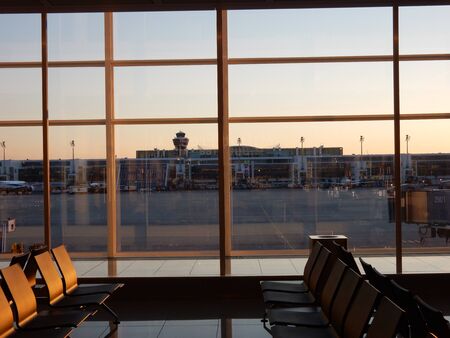 Munich airport terminal 2 satellite at sunset, Bavaria, Germanyのeditorial素材