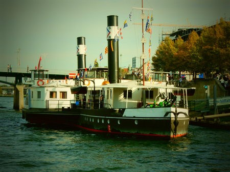 old steam barge on the river Danube, Regensburg, Bavaria, Germanyのeditorial素材