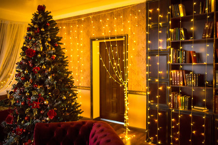 Christmas interior of the dark living room of the house. Christmas tree, lights of garlands on the walls, library Cabinet, books on the shelves. Luxury interior. New Year, red and gold balls.の写真素材