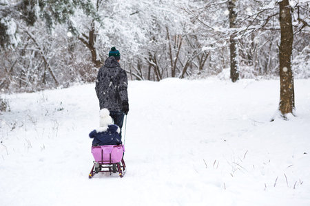 Dad takes his little daughter on a sledge uphill through the winter snow forest. Active family...
