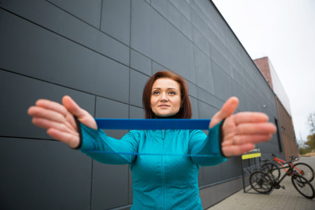 Woman trains with a fitness elastic band on a city street. Strengthening of the hands with an expander and a weighting device. Fitness, active healthy lifestyle, outdoor sportsの写真素材