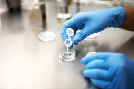 Hands of a scientist in the laboratory with a test tube and a microscope. The invention of the...