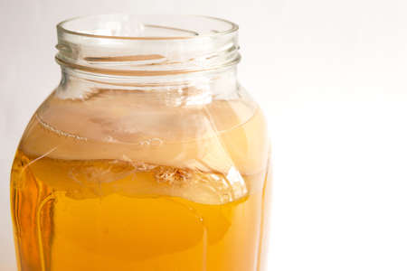 Kombucha-a drink made from tea mushroom in a glass jar with a tap. Transparent mug with a yeast drink made from a Japanese mushroom-jellyfish. White background, healthy food. Copy spaceの写真素材