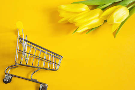 Yellow tulips on a solid color background and shopping cart. Online shopping in spring and summer, buying gifts for the holidays, Easter, women's Day, March 8. flower shop, floristry. Copy spaceの写真素材