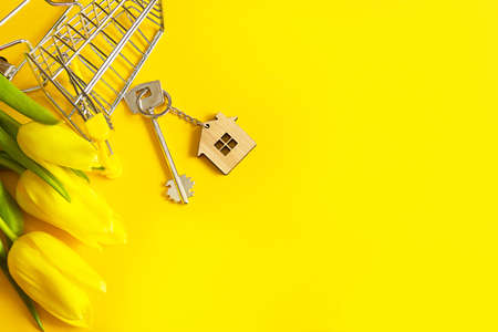 Key ring in the shape of wooden house with key on a yellow background and shopping cart. Mortgage, rent and purchase real estate, spring and summer offer for construction. Copy spaceの写真素材