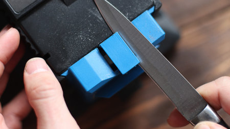 Sharpening a knife on an electric sharpener at home. The man's hand drives the knife blade between...