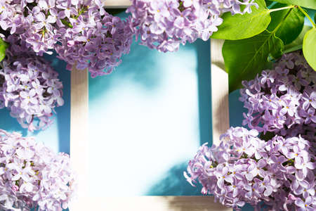 Purple lilac branches with shadows and highlights on blue spring background. Frame with copyspace with delicate fragrant flowers - beginning of summer. Holiday March 8, Easter, birthday, greeting cardの写真素材