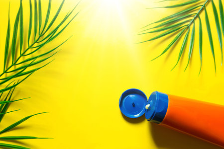 Tube of sunscreen on a yellow summer background with palm leaves and the sun. Tanning agent, skin...
