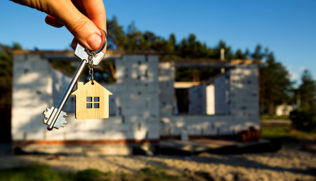 Hand with the key to the future house on the background of a construction site and walls made of...