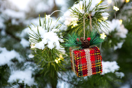 Christmas gift box on a branch of a natural spruce covered with snow. New year outdoor. Snowfall,...