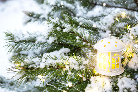Christmas lantern with windows on branch of natural spruce in snow. New year outdoor. Snowfall,...