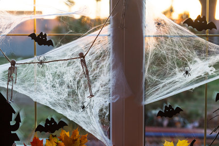 Festive decor of the house on the windowsill for Halloween - pumpkins, Jack o lanterns, skulls, bats, cobwebs, spiders, candles and a garland - a cozy and terrible moodの写真素材