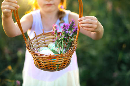 Cute funny girl with painted Easter eggs in spring in nature in a field with golden sunlight and flowers. Easter holiday, Easter bunny with ears, colorful eggs in a basket. lifestyleの写真素材