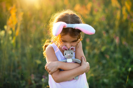 Cute 5-year-old girl with rabbit ears gently hugs a toy rabbit in nature in a blooming field in...