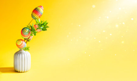 A bouquet of green branches with blooming fresh leaves in a vase is decorated with colorful rainbow...
