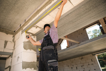 Construction worker at construction site measures the length of window opening and brick wall with tape measure. Cottage are made of porous concrete blocks, work clothes - jumpsuit and baseball capの写真素材