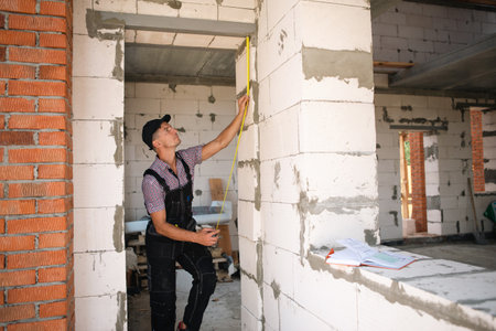 Construction worker at construction site measures the length of window opening and brick wall with tape measure. Cottage are made of porous concrete blocks, work clothes - jumpsuit and baseball capの写真素材