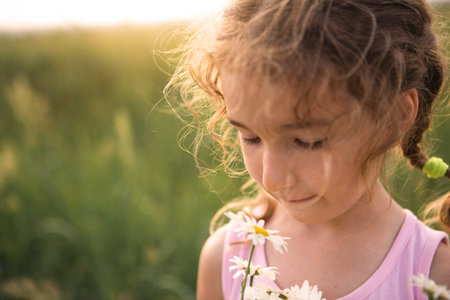 Portrait cute child girl with a bouquet of chamomile in summer on a green natural background. Happy child, hidden face, no face, covered with flowers. copyspace. Authenticity, rural life, eco-friendlyの写真素材