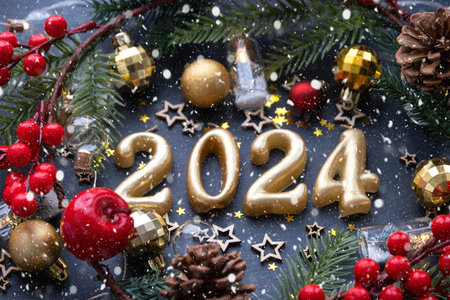 The golden figures 2024 made of candles on a black stone slate background are decorated with a festive decor of stars, sequins, fir branches, balls and garlands. Greeting card, Happy New Year.の写真素材
