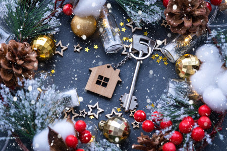 Key to the house with a keychain on black background with Christmas decor layout. A gift for New Year, Christmas. Building, design, project, moving to new house, mortgage, rent and purchase real estateの写真素材