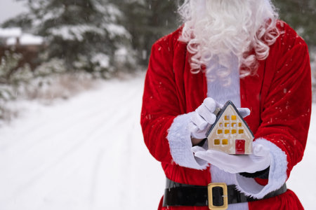 House key with keychain cottage in hands of Santa Claus outdoor in snow. Deal for real estate, purchase, construction, relocation, mortgage. Cozy home. Merry Christmas, new year booking event and hallの写真素材