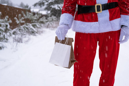 Santa Claus outdoor in winter and snow handing in hand paper bags with craft gift, food delivery. Shopping, packaging recycling, handmade, delivery for Christmas and New yearの写真素材