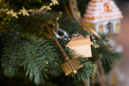 Key to the house with a keychain is hanging on the Christmas tree. A gift for New Year, Christmas....