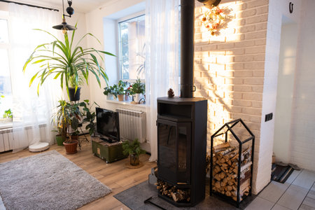 Black stove, fireplace in interior of house in loft style. Alternative eco-friendly heating, warm cozy room at home, burning woodの写真素材