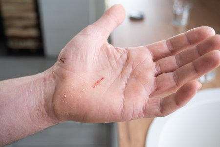 A cut on a man's palm in close-up. Household skin damage with a sharp cutting object, first aidの写真素材