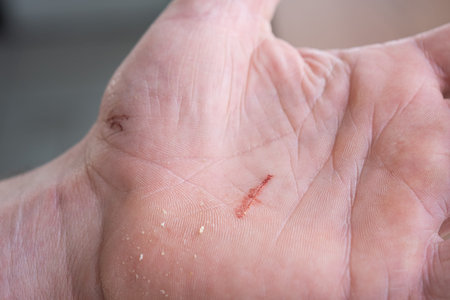 A cut on a man's palm in close-up. Household skin damage with a sharp cutting object, first aidの写真素材
