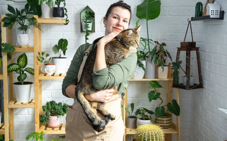 Woman holding pet cat in her arms near her collection of rare species home potted plants on shelf in interior of house. Home plant growing, green house, natural living cornerの写真素材