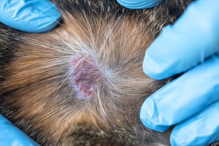 The fungal disease lichen in a cat under the coat is a dry crust of sores with hair loss. Veterinarian's hands in gloves, wound close-upの写真素材