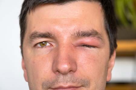 A red swollen eyelid on a man's face in close-up is an allergy to an insect bite. Allergic reaction...