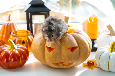Funny shaggy fluffy hamster sits inside a pumpkin in the cut-out round hole and chews pumpkin in a Halloween decor among garlands, lanterns, candles. Harvest Festivalの写真素材