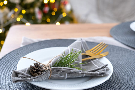 Serving a festive table with plates, forks, knives, napkins close-up fabric in a cage decorated for Christmas and New Year pine branch with a cone. Eco-style, minimalismの写真素材