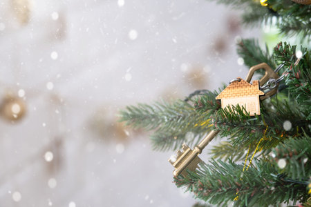 Key to the house with a keychain is hanging on the Christmas tree. A gift for New Year, Christmas....