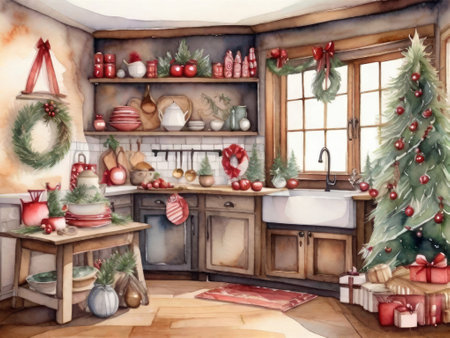 Watercolor Cozy rustic retro kitchen with Christmas decor, utensils. Merry Christmas and Happy New Year greeting card, home warmthの素材